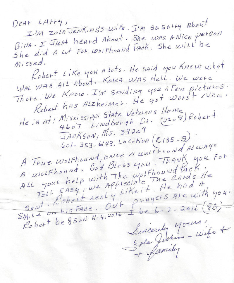 Letter from Zola Jenkins, wife of Korean Veteran Robert Jenkins